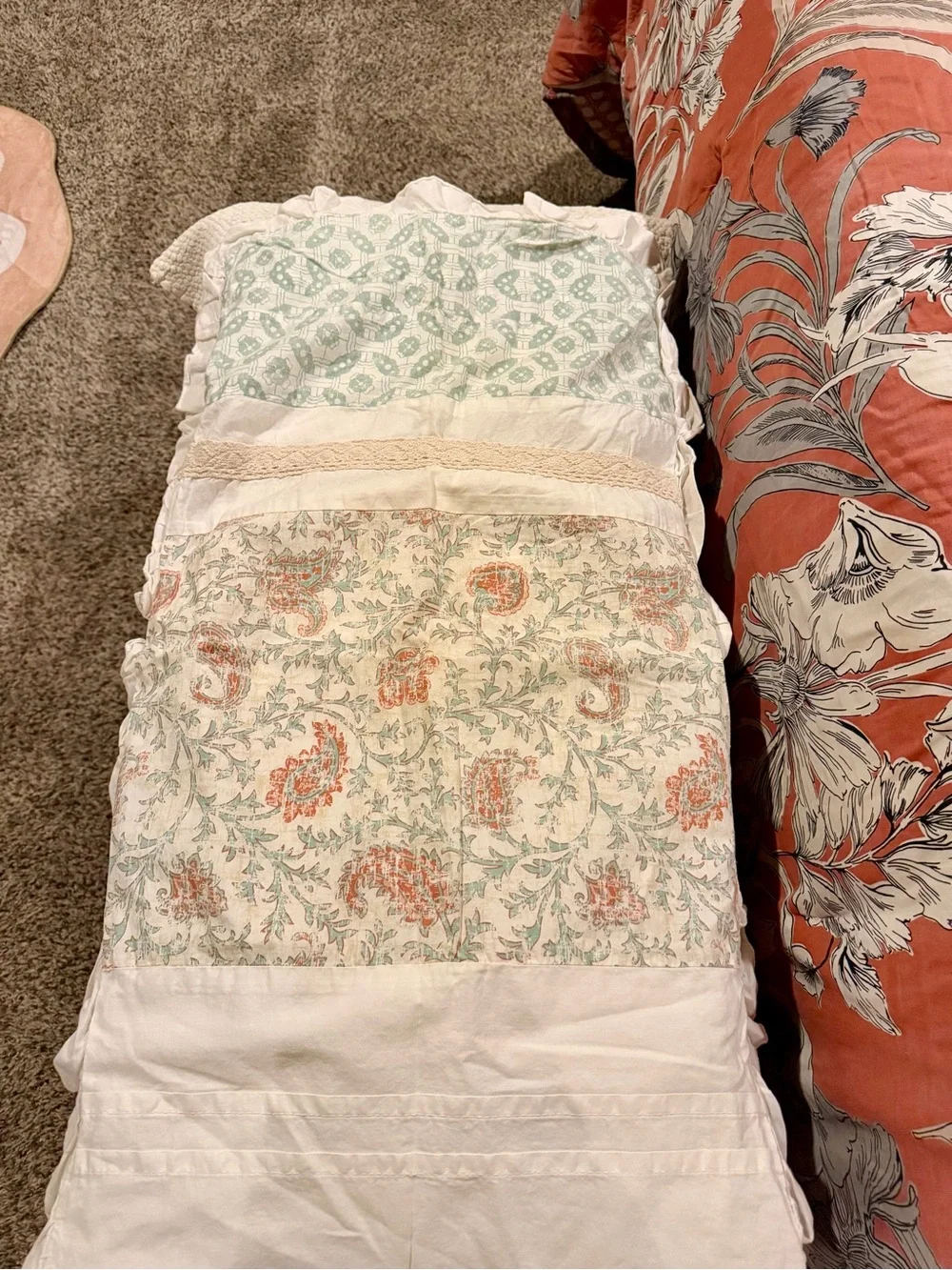 Madison Park White, Coral & Sage Patchwork King Shams with Ruffle Trim
